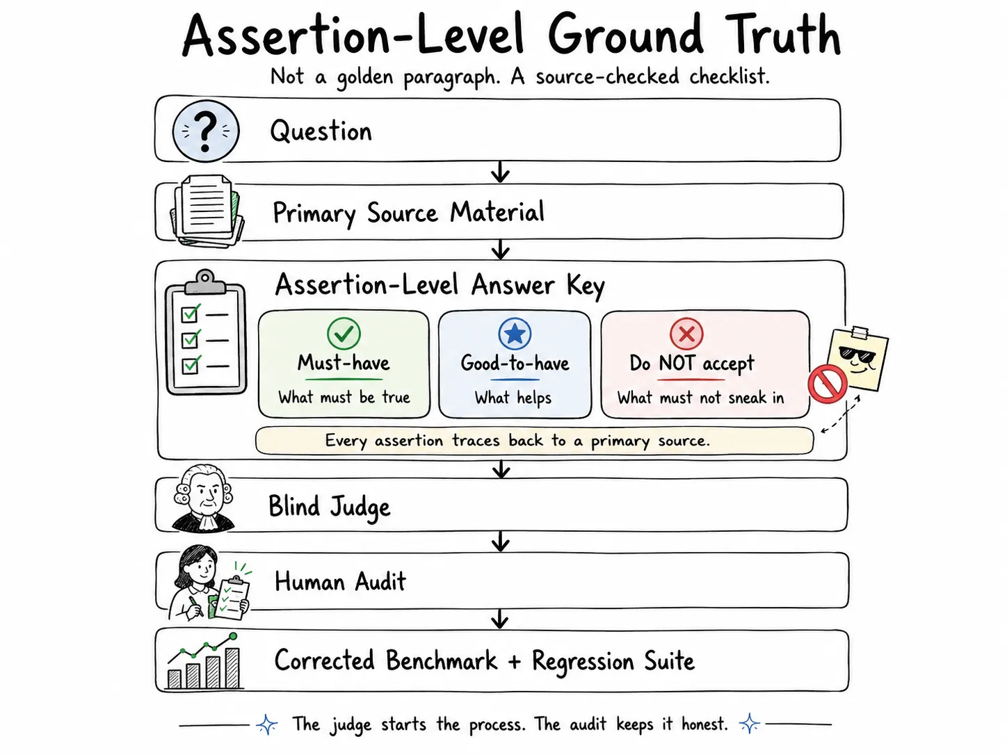 Assertion-level ground truth: a query and its primary sources feed a Must-have, Good-to-have, and Do NOT accept answer key, then a blind judge, a human audit, and a corrected dataset