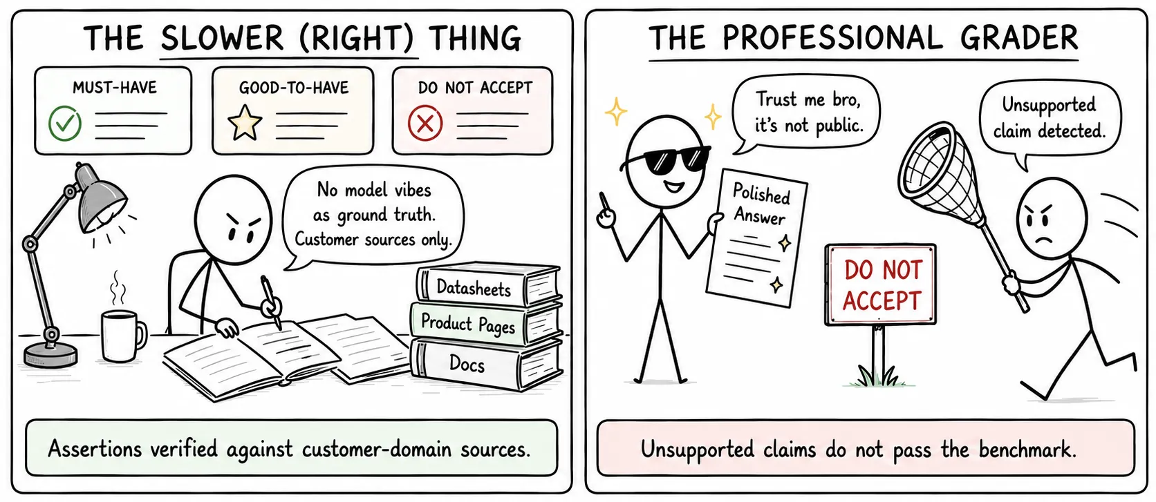 Comic, panels 3 and 4: assertions written against the customer's own sources, and the professional grader rejecting a polished but unsupported claim