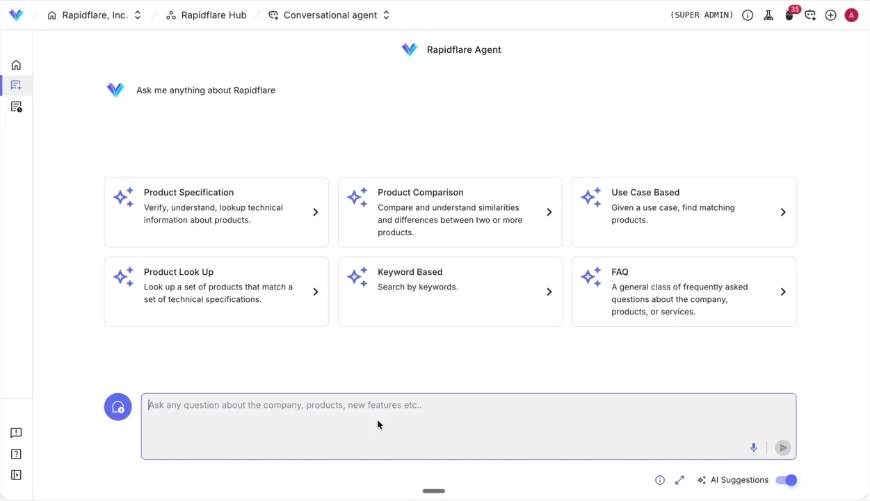 Demo of Rapidflare autocomplete in action — suggestions appearing as a user types in the chat input